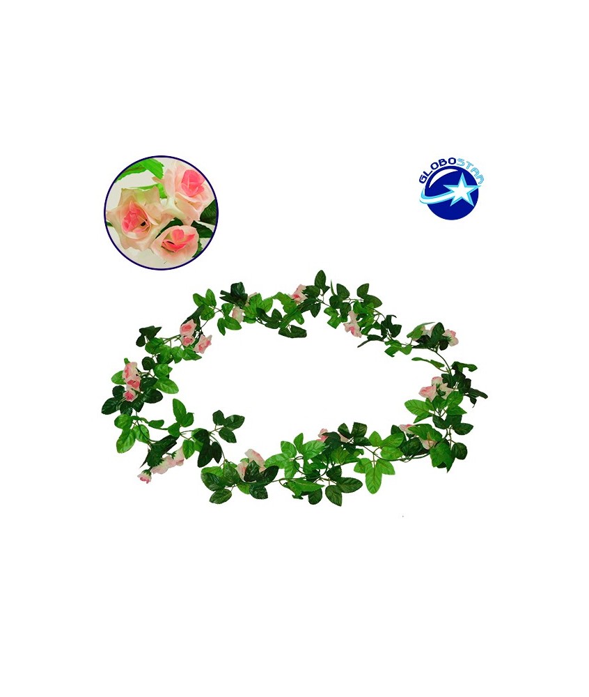 GloboStar® 09018 Τεχνητό Κρεμαστό Φυτό Διακοσμητική Γιρλάντα Μήκους 2.2 μέτρων με 33 X Μικρά Τριαντάφυλλα Ροζ Λευκά